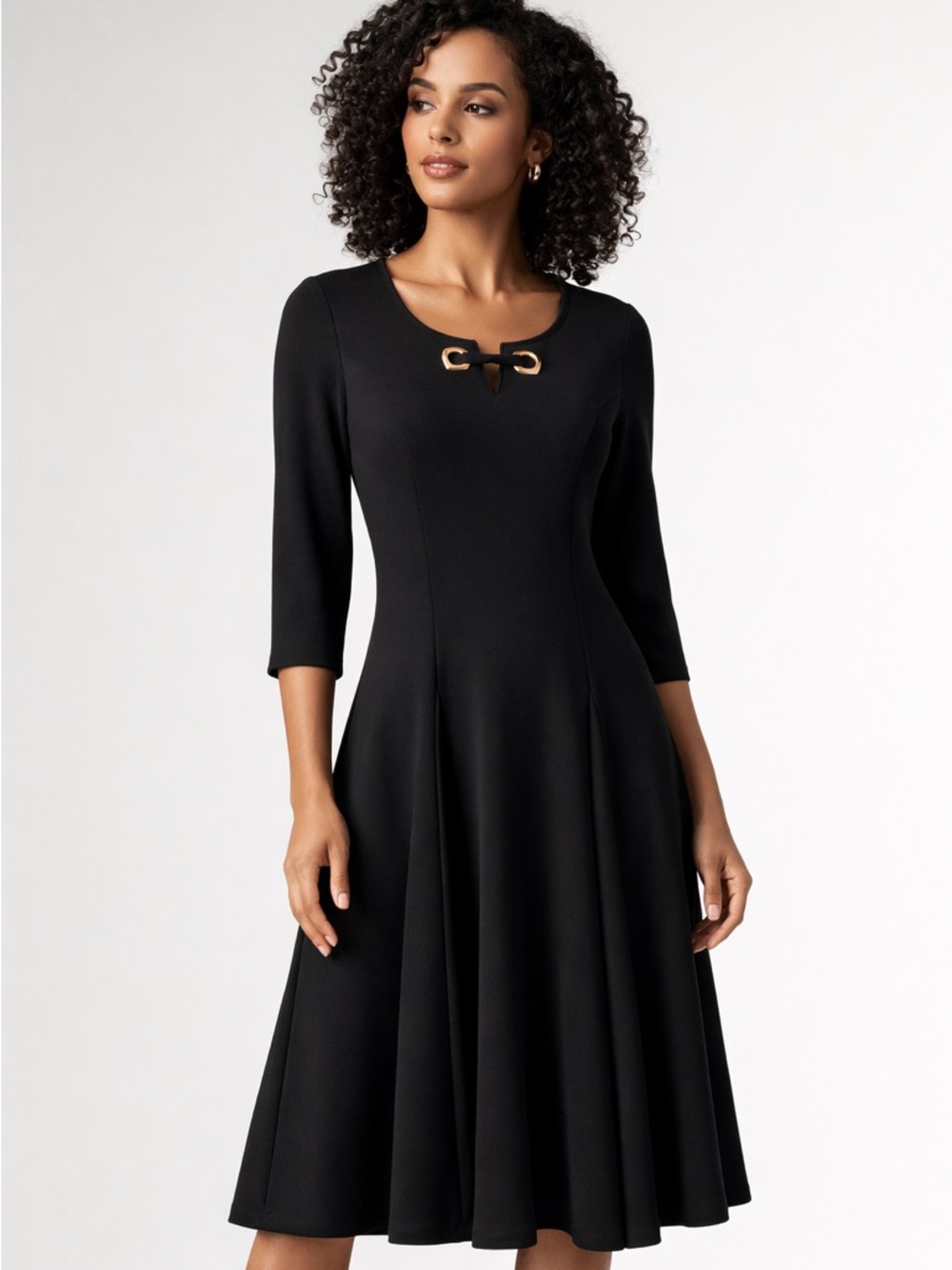 Nina Leonard Black Midi Dress with Gold Hardware